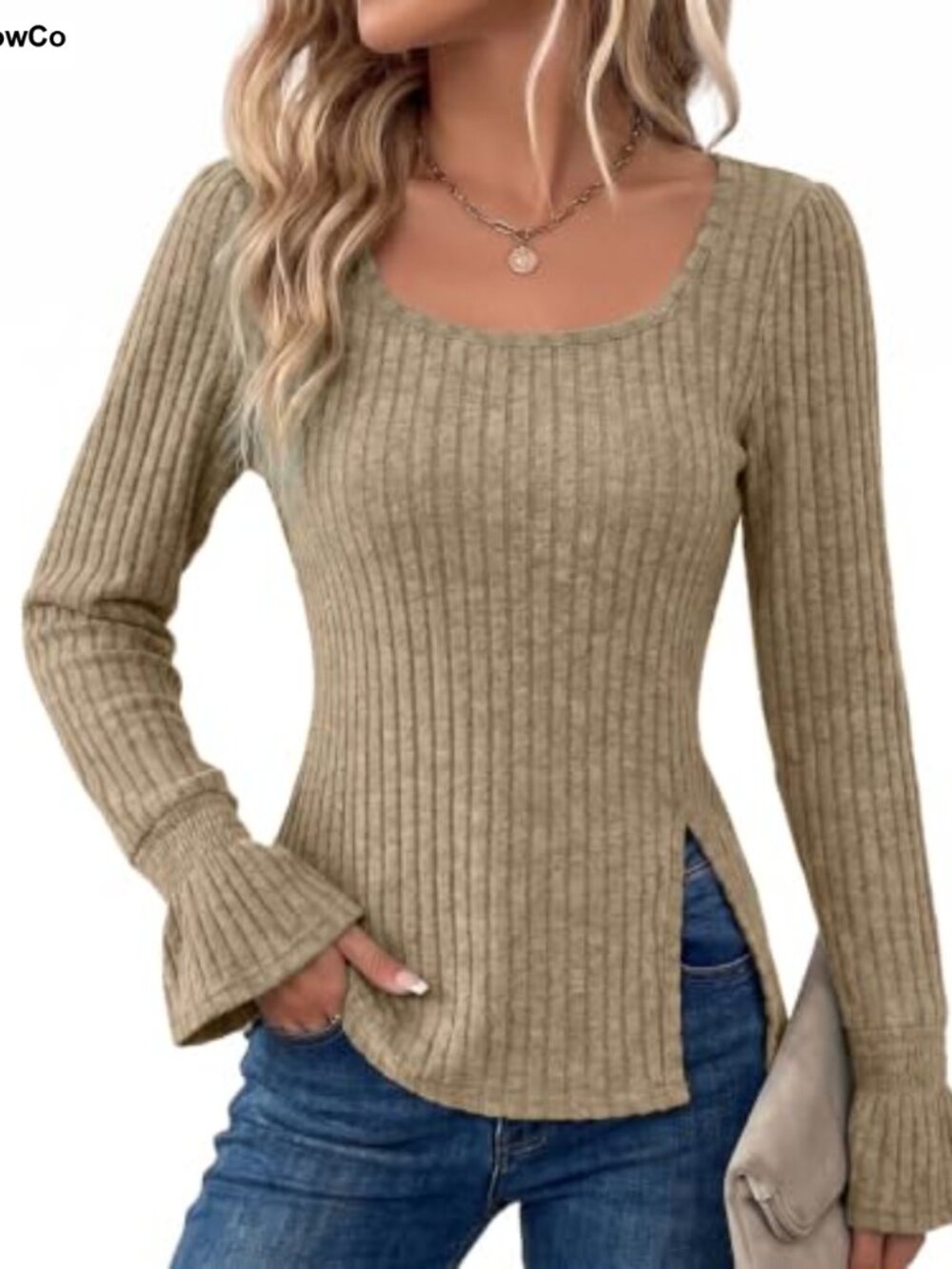 Ribbed Knit Bell Long Sleeve Top Square Neck Fall Sweater